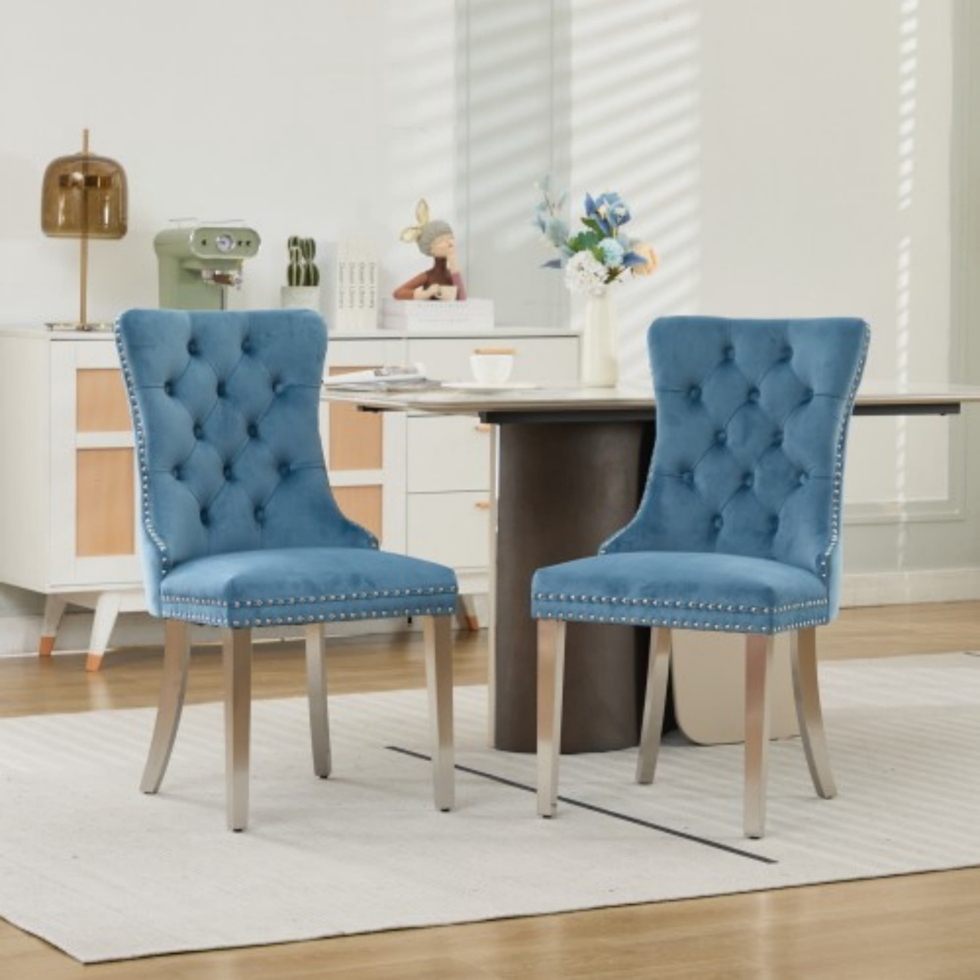 BSHTI 37.5" Velvet Upholstered Dining Room Chairs Set of 2, Modern Tufted Parson Chairs with Nailhead Trim, Foam Padded Seat for Dining Room/Kitchen(Light Blue)