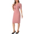 thumbnail image 4 of Vestido ajustado de mujer Inspire Chic con escote en V y mangas cortas, vestido midi bodycon para el trabajo en gris y rosa, talla S, 4 of 6