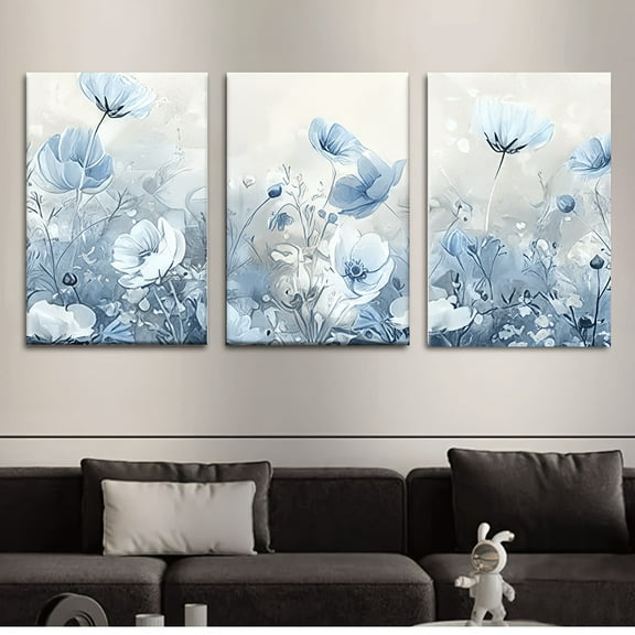 3 pieces, canvas painting--frameless, blue flowers, decorative wall art, suitable for living room, library, office, coffee shop, bar, abstract art, perfect birthday gift