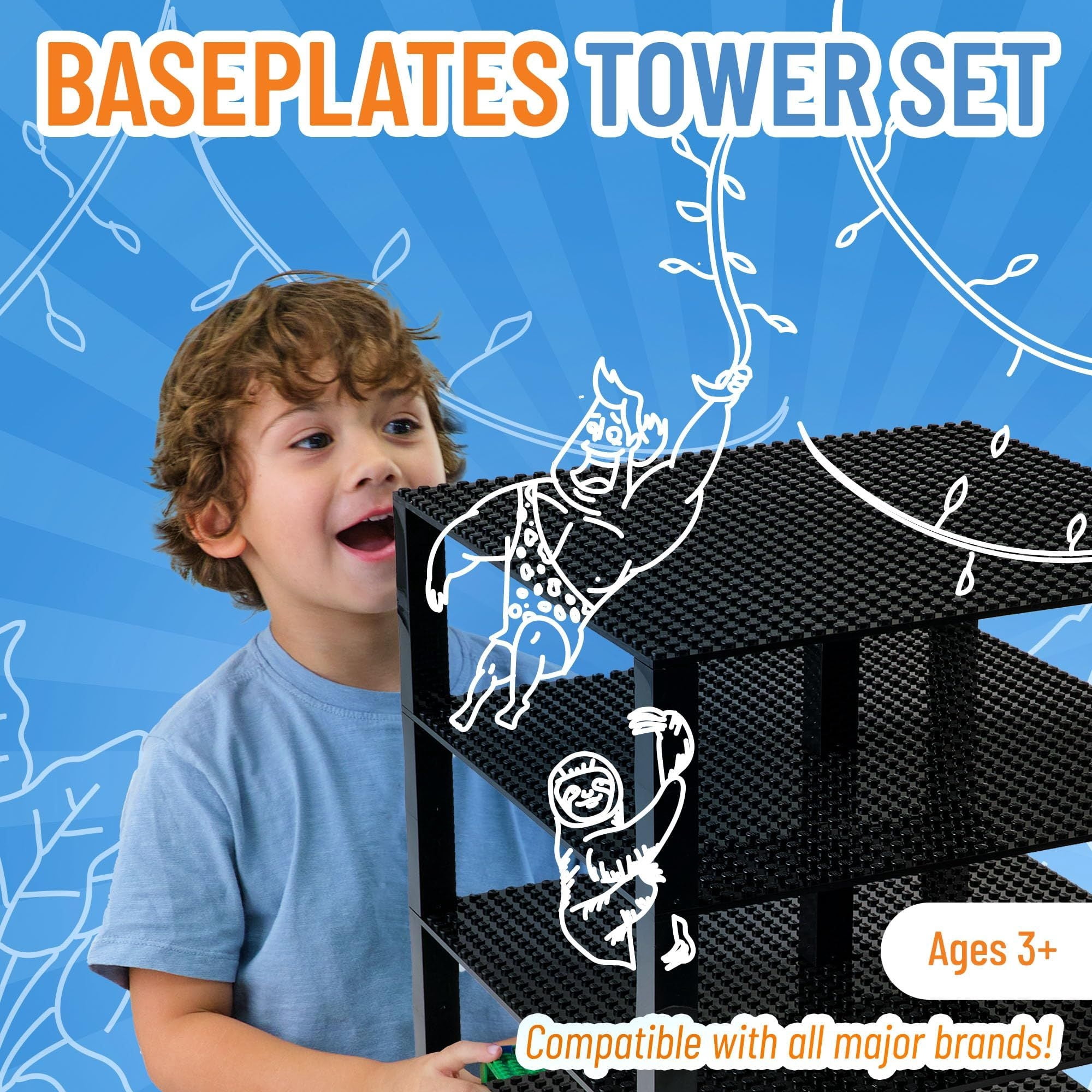 Classic Baseplates 10" x 10" Brik Tower by Strictly Briks | Major Brand Compatible | Building Bricks for Towers and More | 4 Black Stackable Base Plates & 30 Stackers