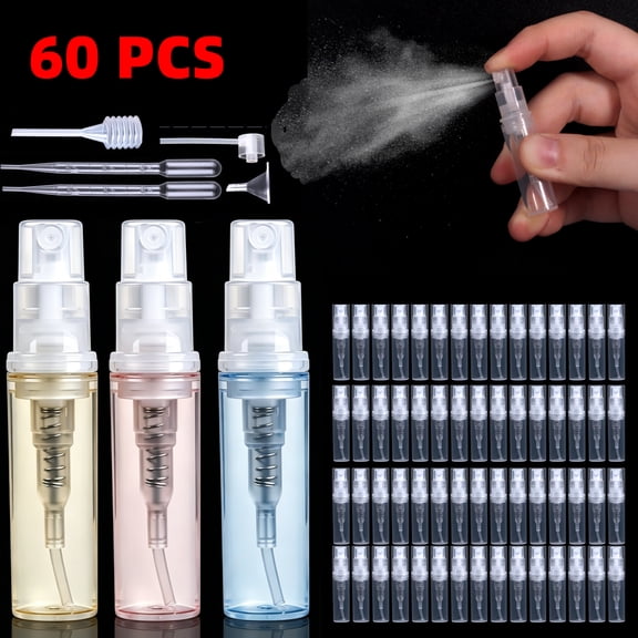 Mini Spray Bottle 2ml Leak-proof Dust Cap Refillable Travel Bottles with 5 Tools, Clear, 60 Pcs
