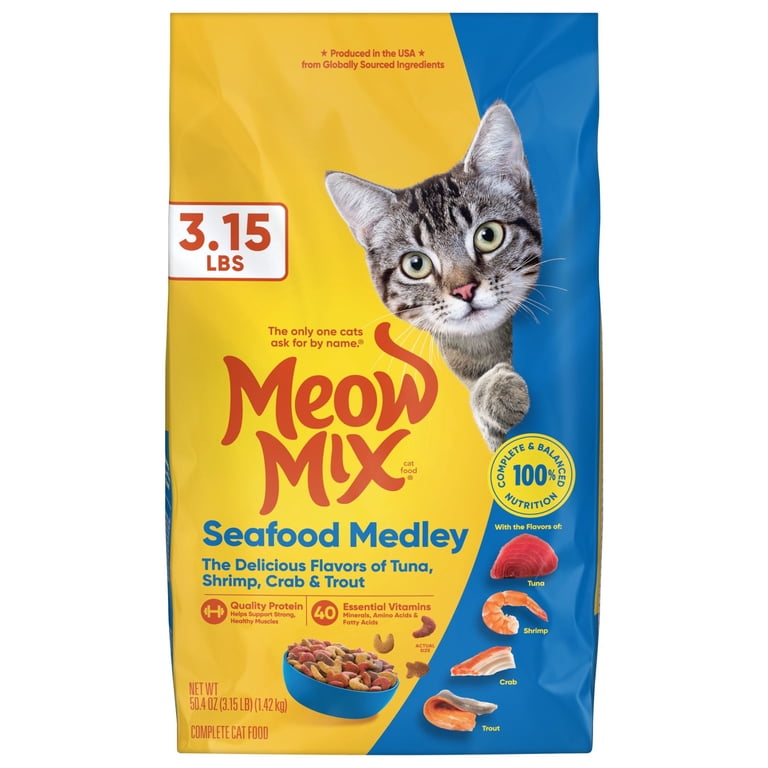 Meow Mix Seafood Medley Dry Cat Food, 3.15 lb with Tuna, Shrimp