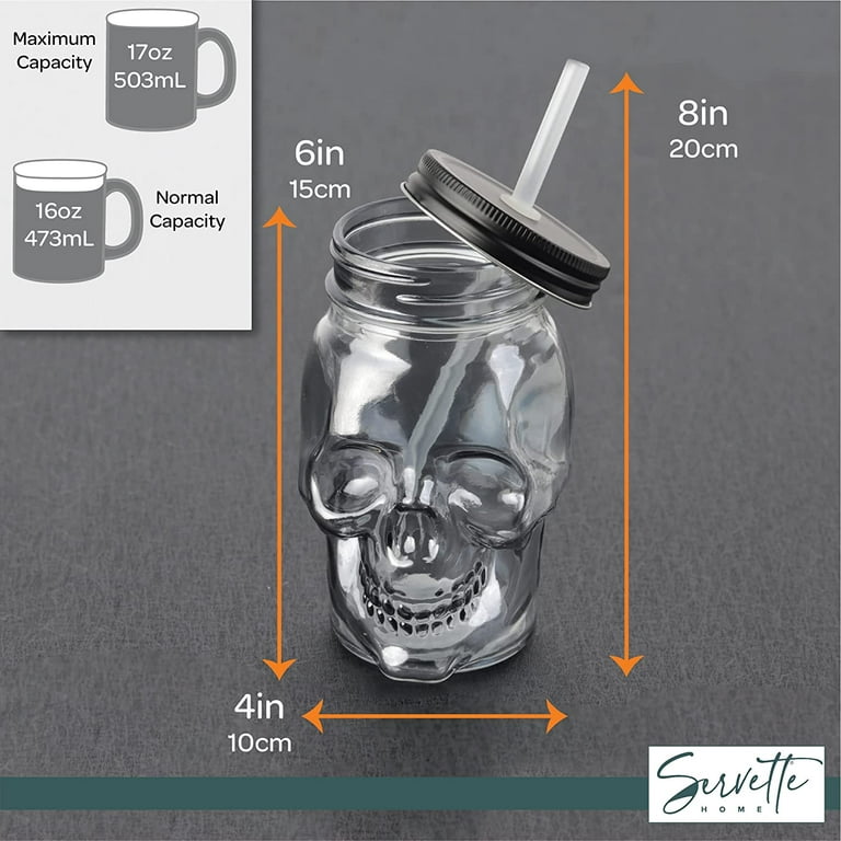Clear Glass Skull Sipper Glasses With Lids & Straws Set Of 3