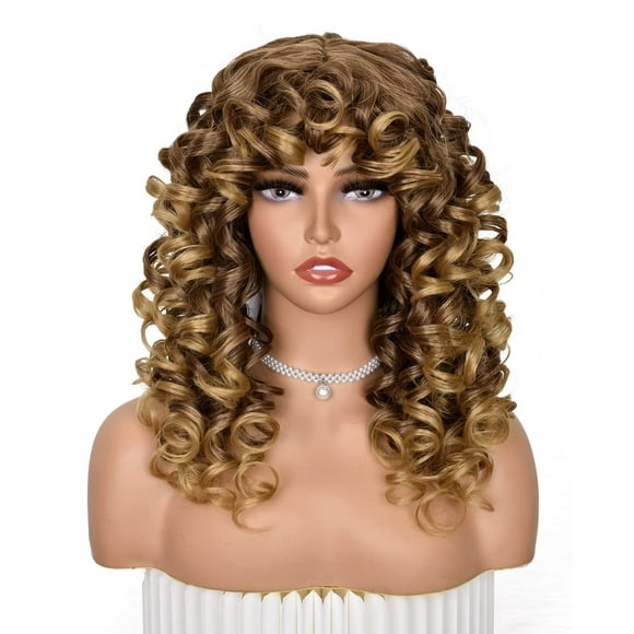 ANNISOUL Ombre Blonde curly Wigs for Black Women Long curly Afro Wig with Bangs for Women Big Bouncy Fluffy Synthetic Fiber glueless Hair for cosplay and Daily