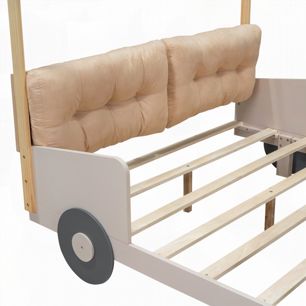 Natural Wood Full Size Car Bed featuring Playful Design & Comfortable Pillow