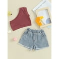 thumbnail image 2 of Bagilaanoe 2pcs Toddler Baby Girl Shorts Set Ribbed Sleeveless One Shoulder Tank Tops + Denim Shorts 12M 18M 24M 3T 4T 5T Kids Casual Summer Clothes, 2 of 8