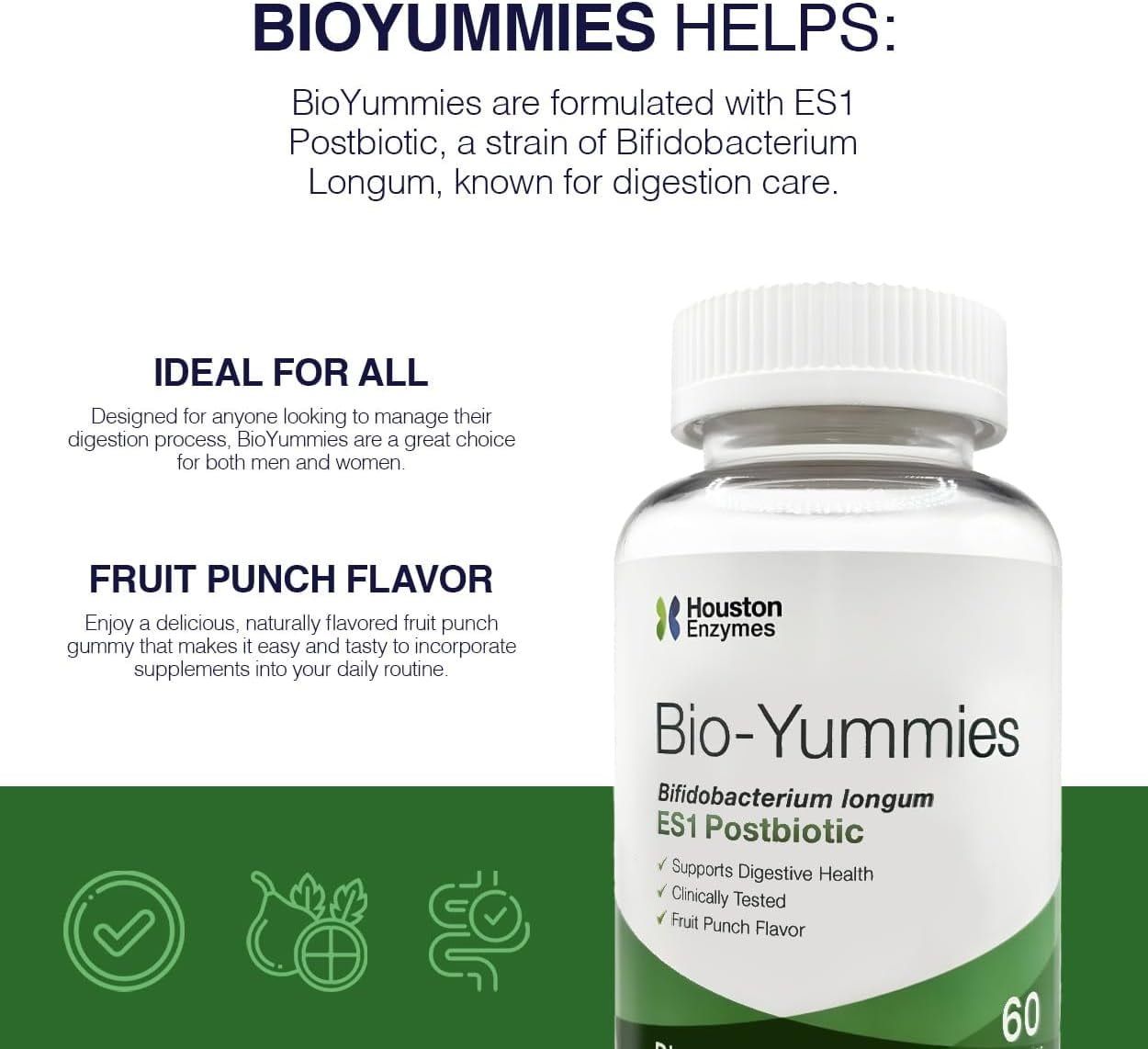 Houston Enzymes BioYummies - Chewable Gummies with ES1 Postbiotic for Digestion - Digestive Health Support Chews (60 Gummies)