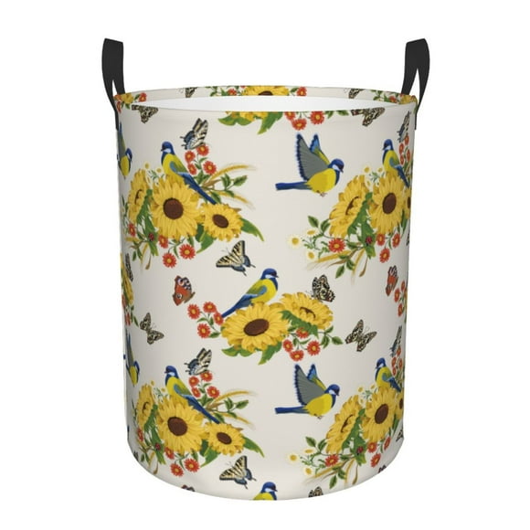 Balery Bird Sunflowers Cesta de ropa redonda con asas, impermeable, independiente, para ropa, juguetes, dormitorio y familia-Medium