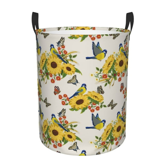 Balery Bird Sunflowers Cesta de ropa redonda con asas, impermeable, independiente, para ropa, juguetes, dormitorio y familia-Medium