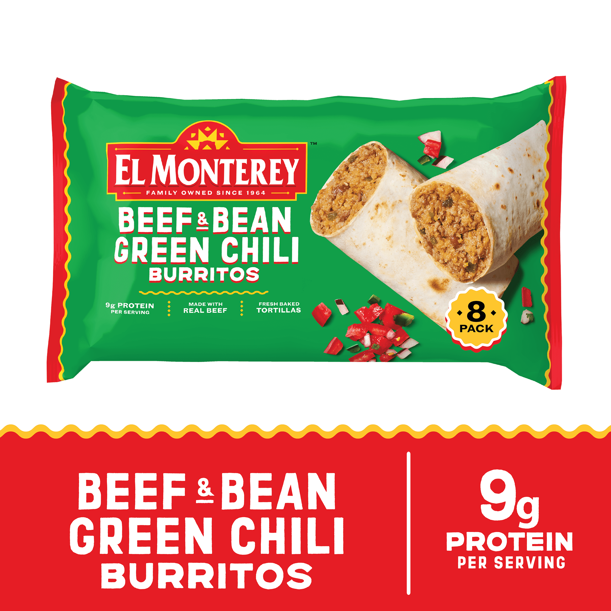 El Monterey Beef & Bean Green Chili Burritos, 32 oz, 8 Count (Frozen)