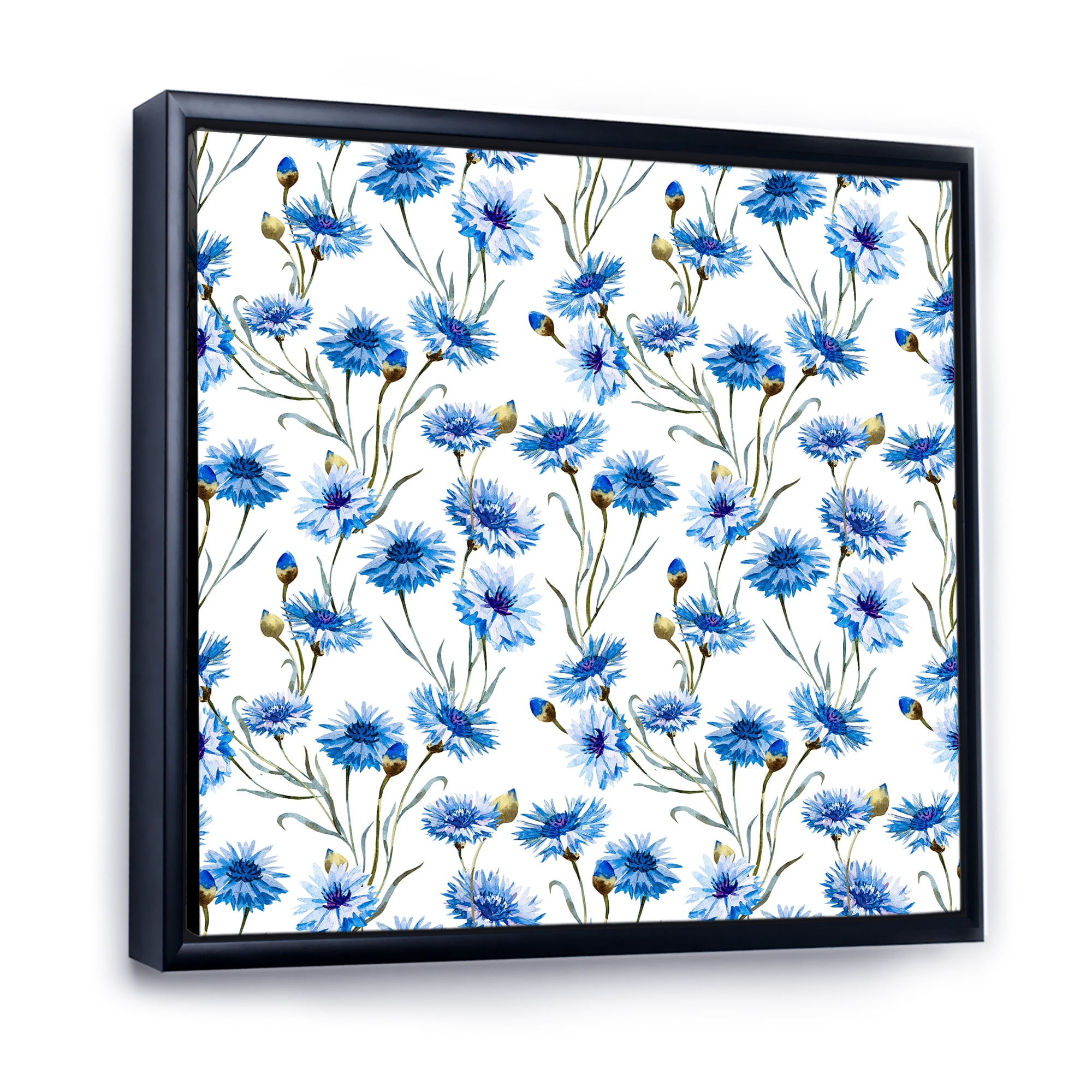 Designart 'Blue Cornflowers With Green Leaves On White II' Traditional Framed Canvas Wall Art Print