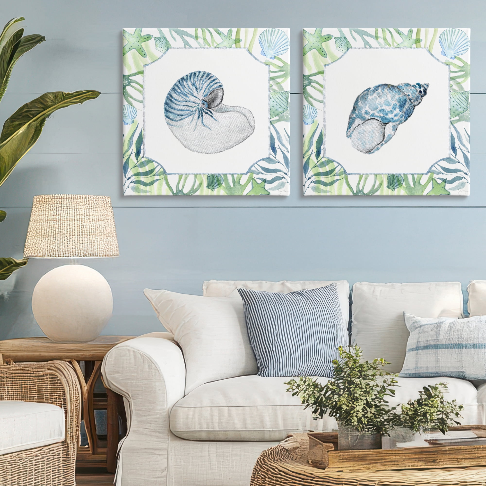Stupell Industries Seaweed Bordered Seashells 2 Piece Canvas Wall Art Set, design by Janet Tava