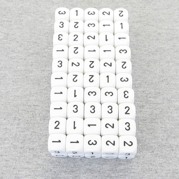 White Opaque Dice with Black Numbers D3 (d6 1-3 Twice) 16mm (5/8in) Pack of 100