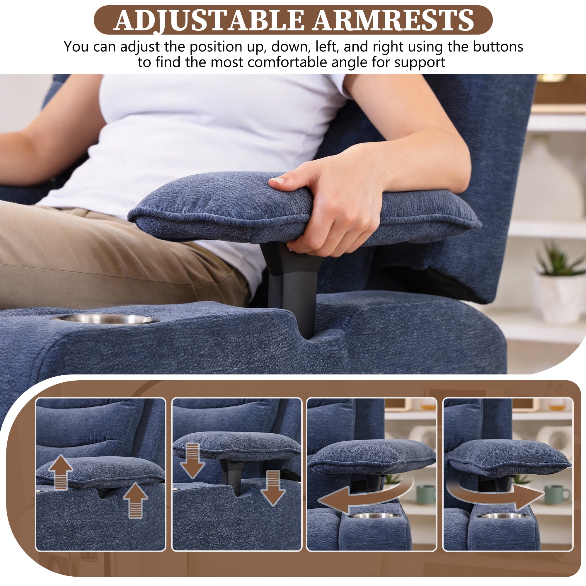 Holaki Power Recliner Chair, 270° Swivel Recliner with Heat & Lumbar Support, Modern Comfortable Chenille Rocker Recliner Nursery Chair with Smart Cup Holder & Adjustable Armrests for Nursing, Navy