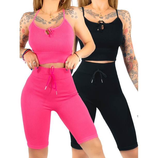Set De 2 Conjunto Unitalla Deportiva Mujer Short Y Blusa Stretch Fit Push Up