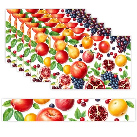 7 Piece Linen Table Runner and Placemats Set, Fruit Collection Round Corner Heat Resistant Washable Table Mats for Home Kitchen Dining Party Decoration