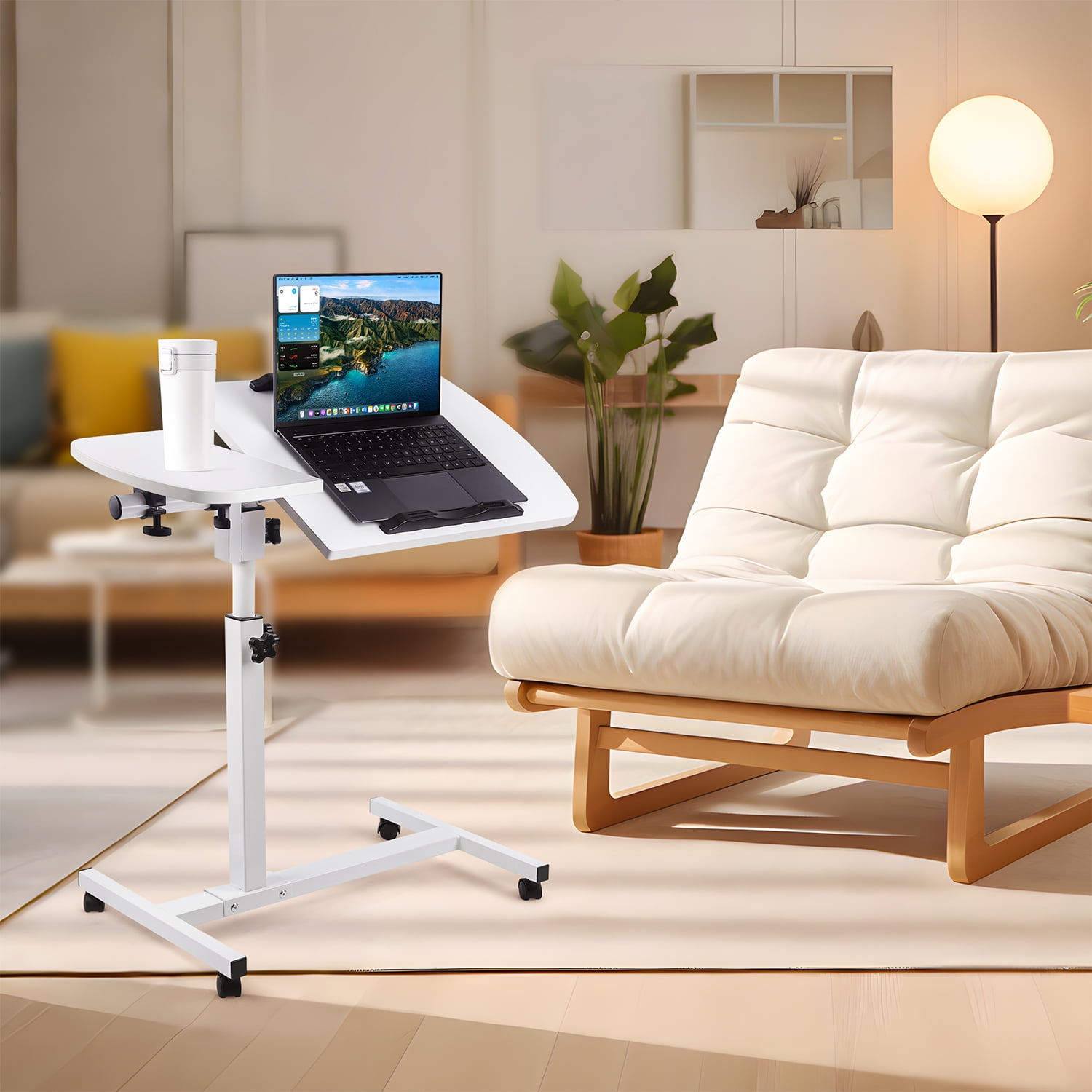 FOUKUS Mobile Compact Standing Desk: Height Adjustable Rolling Laptop Desk, Portable Laptop Stand 27.7" x 15.6" - White