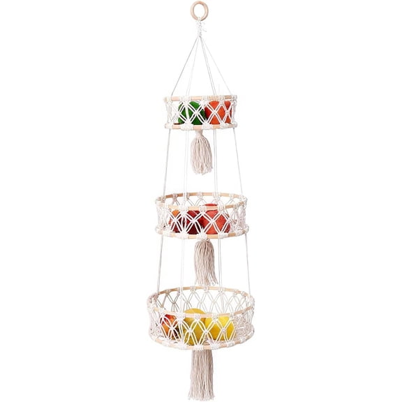 Xlhshop 3-Tier Macrame Hanging Basket, Cotton Rope Fruit & Vegetable Storage Organizer, Boho Decor Kitchen Hanging Basket with Hooks
