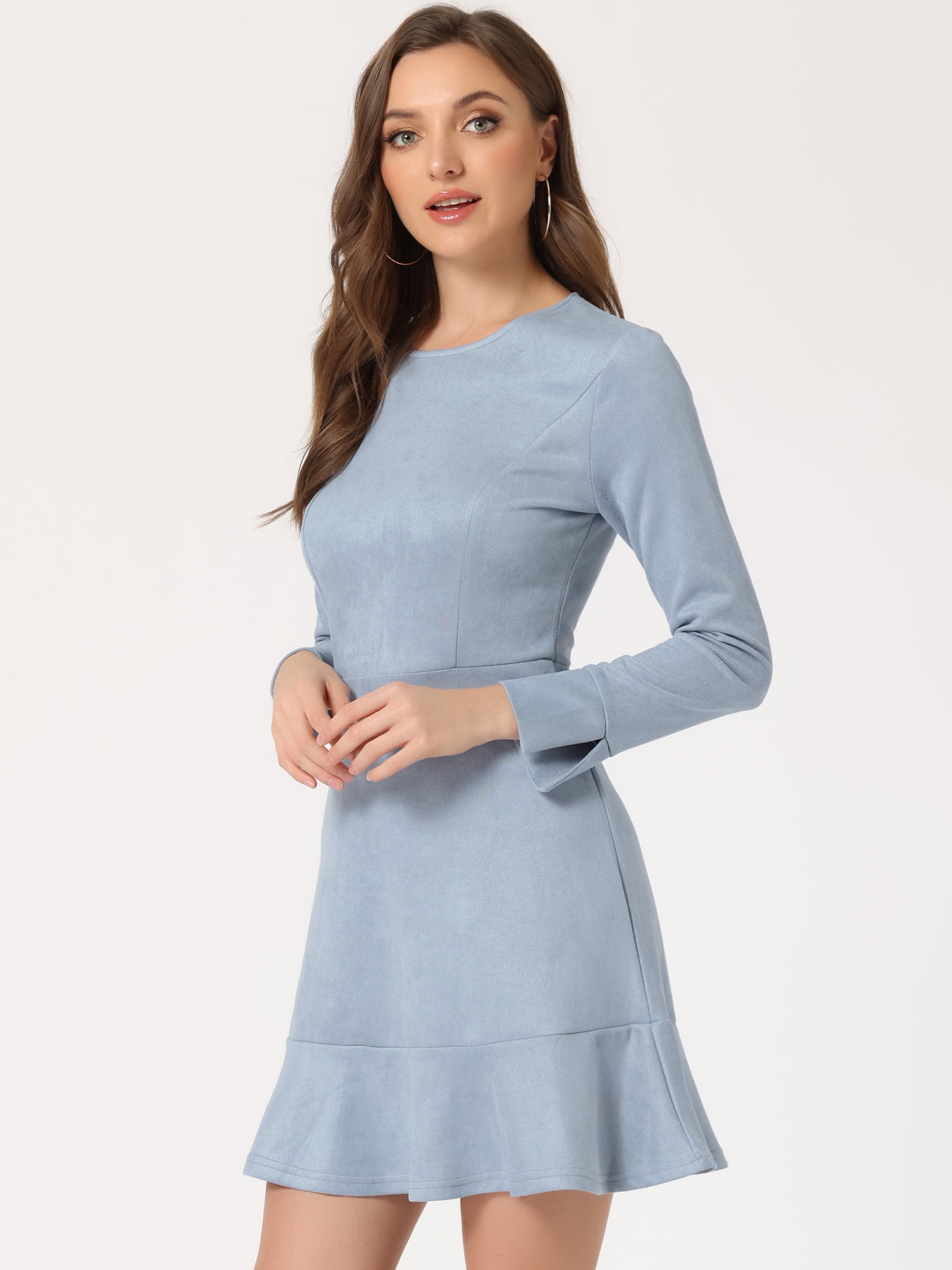 Unique Bargains Women's Faux Suede Ruffle Hem Long Sleeve Mini Dresses S Grey Blue