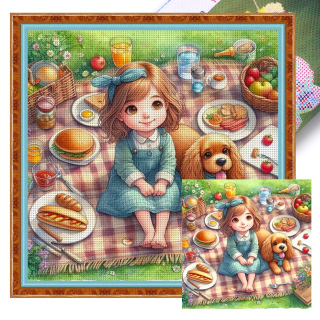 (1) Hilo Algodón Ecológico Bordado 11CT Impresión 3 Hebras 40 * 40 Cm Kit Serie Personajes Punto Cruz para Niña Yendo Picnic