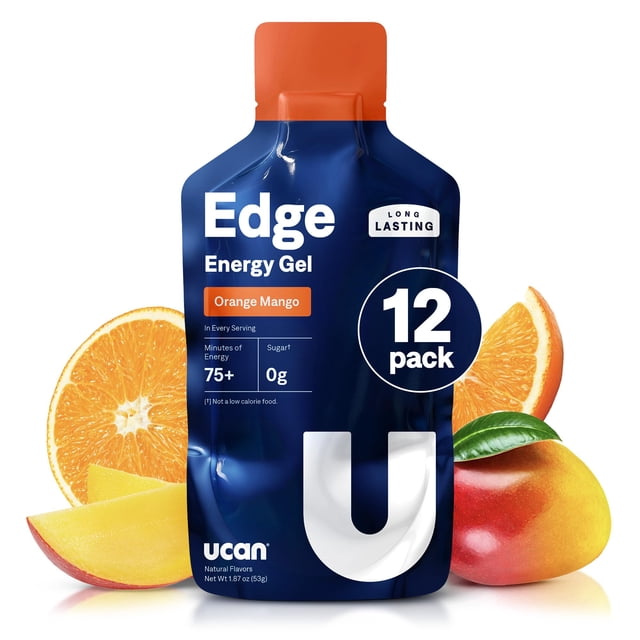 Geles energéticos UCAN Edge, sabor naranja y mango (12 sobres de 56 ml) para correr, entrenar, fitness, ciclismo y crossfit | Energía sin azúcar, vegana y cetogénica.