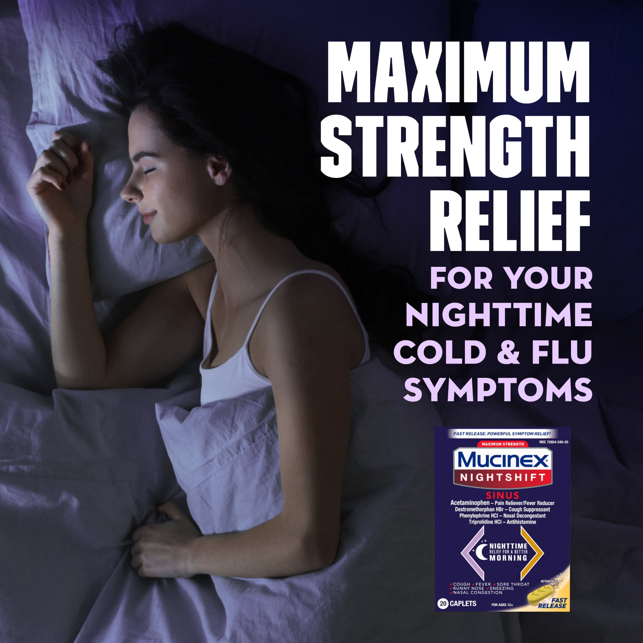 Mucinex Nightshift Sinus Medicine, OTC Fever Reducer, Cough Suppressant, Nasal Decongestant, 20 Caplets