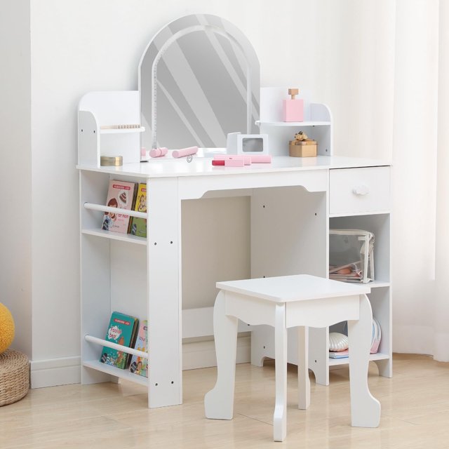 Kojooin Kids Vanity & Stool Set with Bookshelf, Lighted Drawer & Open Shelves