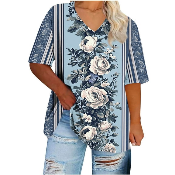 Women's Printed Summer Shirts Plus Size Loose Fitted Tunic Tops V Neck Short Sleeve Tees Dressy Flowy T-Shirt Vacation Beach Party Going Out Blouses