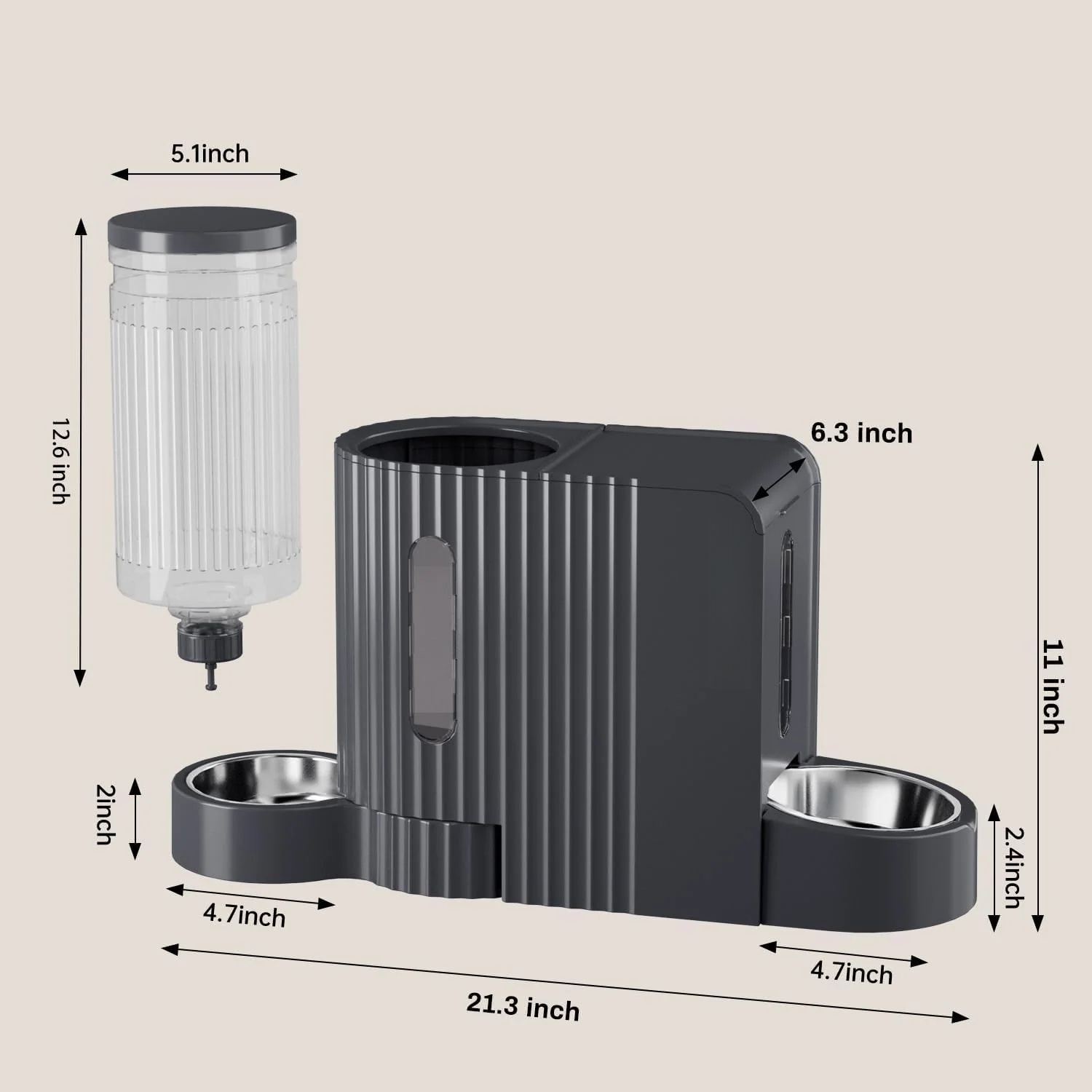 Nomipaw Gravity Automatic Food Feeder and Water Dispenser, 0.8Gal Large Capacity, 2 in 1 Set, 304 Stainless Steel Bowl, Removable and washable, For All Size Dogs & Cats, Dark Gray