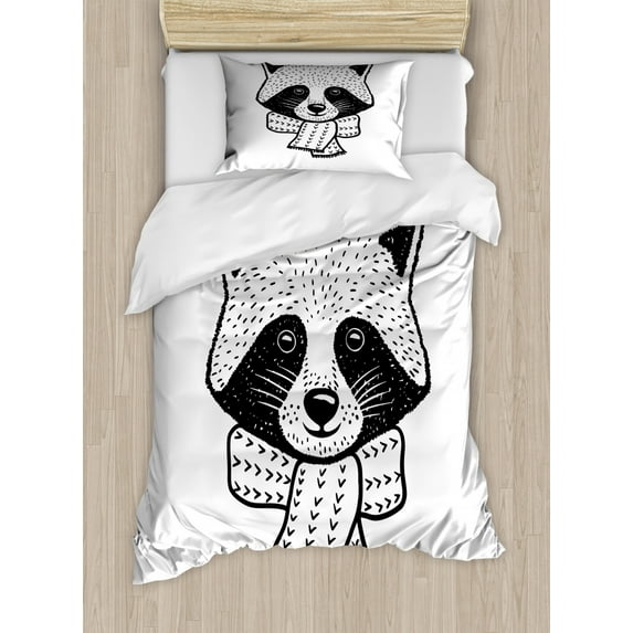 Hug Duvet Cover Set Twin Size, Outline Style Hand Drawn Raccoon with a Scarf and Hug Me Lettering, Decorative 2 Piece Bedding Set with 1 Pillow Sham, Charcoal Grey and White, by Ambesonne