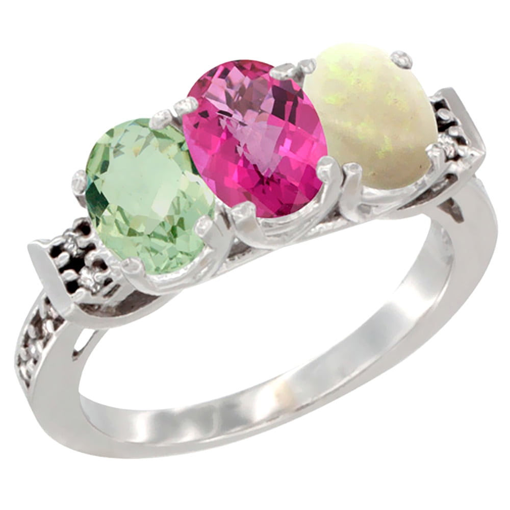 10K White Gold Natural Green Amethyst, Pink Topaz & Opal Ring 3-Stone Oval 7x5 mm Diamond Accent, sizes 5 10 by WorldJewels