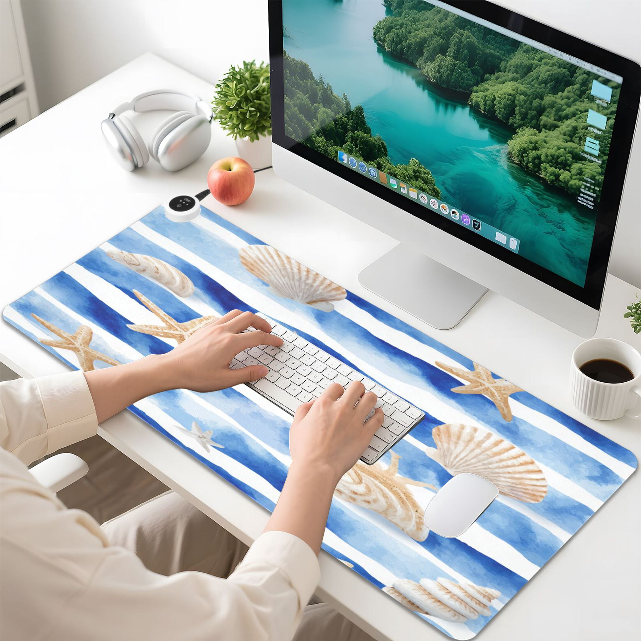 Large Heated Desk Mat Mouse Pad 31.5"x13"PU Leather Graphene Heating Desk Warmer with 3 Temperature Settings 110V US Plug Non-Slip Warm Pad for Home, Office, and Gaming Blue Nautical Stripes Pattern