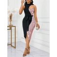 thumbnail image 7 of Pink Womens Color Block Sequin Hollow Slit Midi Dress With Belted Waist, 7 of 7