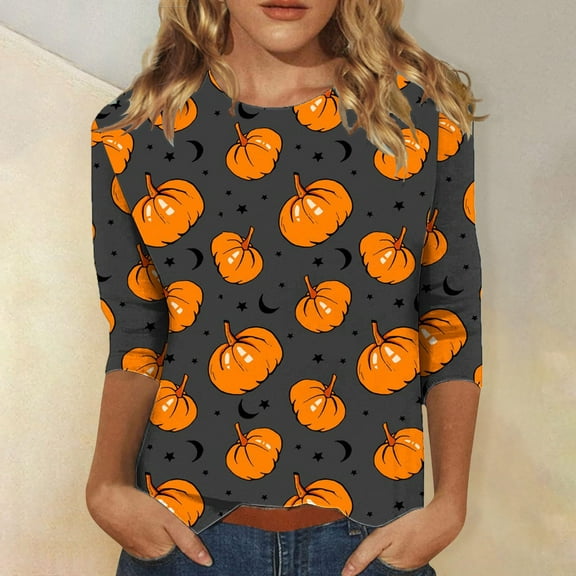 Fznquz Women's Tops Graphic Casual Orange Halloween Shirts Crew Neck 3/4 Length Sleeve Pullover Tee Shirt XXL