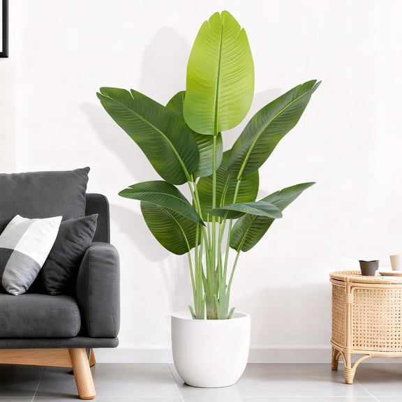 Artificial Bird of Paradise Plant 4Ft Tall Fake Tropical Palm Tree Large Fake Plants with 9 Silk Banana Leaves Faux Plant Indoor Decor Trees with White Pot for Home Bedroom Living Room Office