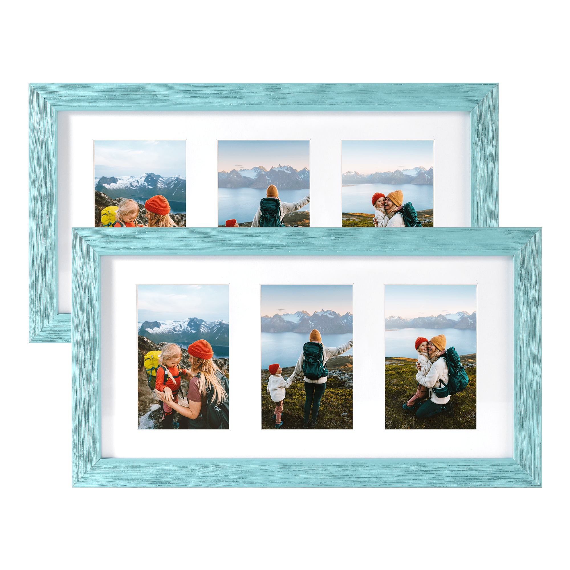 Rustic Solid Wood Collage Photo Frame 8x16 – Display Three (3) 4x6 Pictures with Mat, Horizontal or Vertical for Wall and Tabletop - Blue