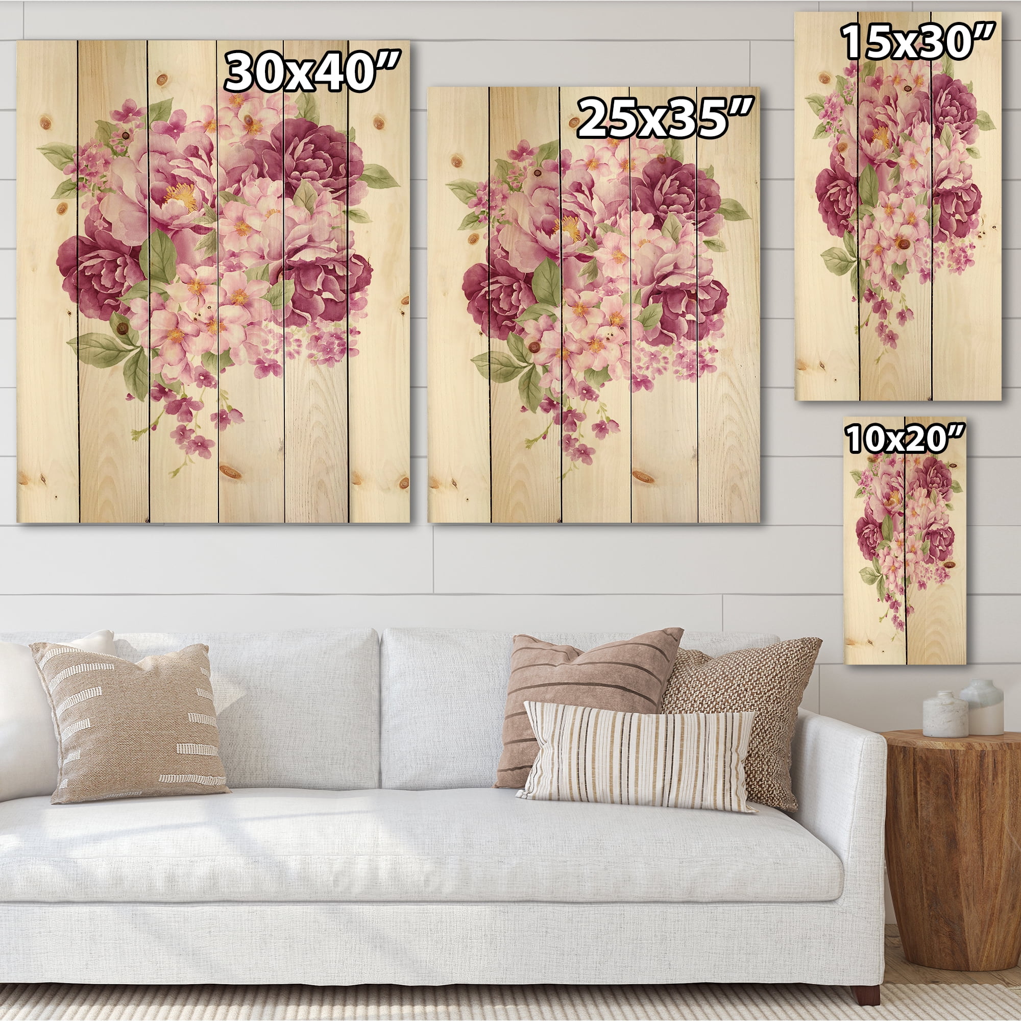 Designart 'Bouquet Of Pink Retro Flowers' Traditional Print on Natural Pine Wood