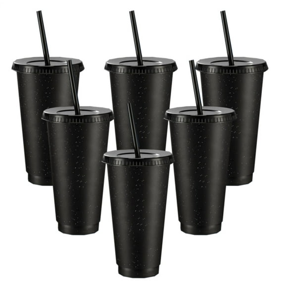 HXRH 6 Pack Reusable Glitter Cups with Lids and Straw,24 oz Plastic Tumblers,Leak Proof Iced Coffee Travel Mug,Frosted Water Bottle,Party Favor Cups,for Wedding Birthday (Black)