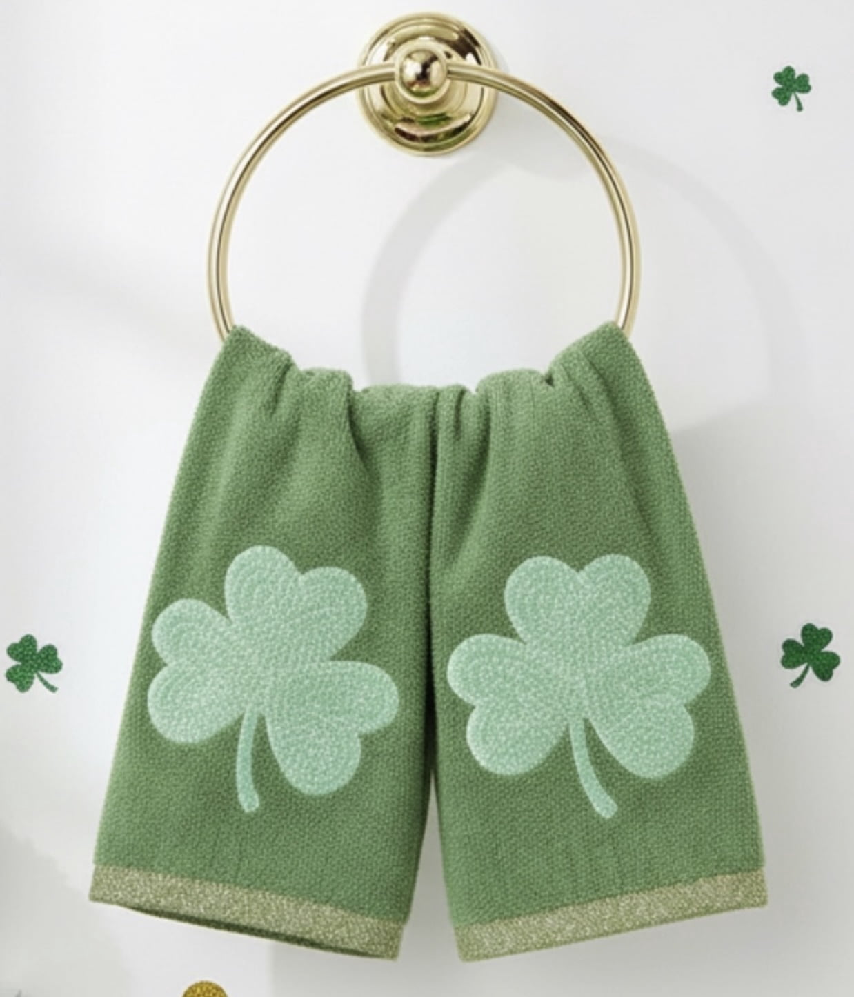 Serafina Home St. Patrick's Day Irish Kitchen Bath Guest Hand Fingertip Embroidered Towels 4 Pc Set: Triple Shamrocks 16" x 25" & Single Clover 12" x 18", Green,100% Terry Velour Cotton