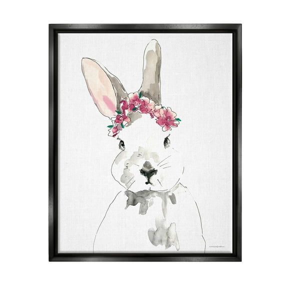 Bunny Pink Flower Doodle Animals & Insects Graphic Art Jet Black Framed Art Print Wall Art