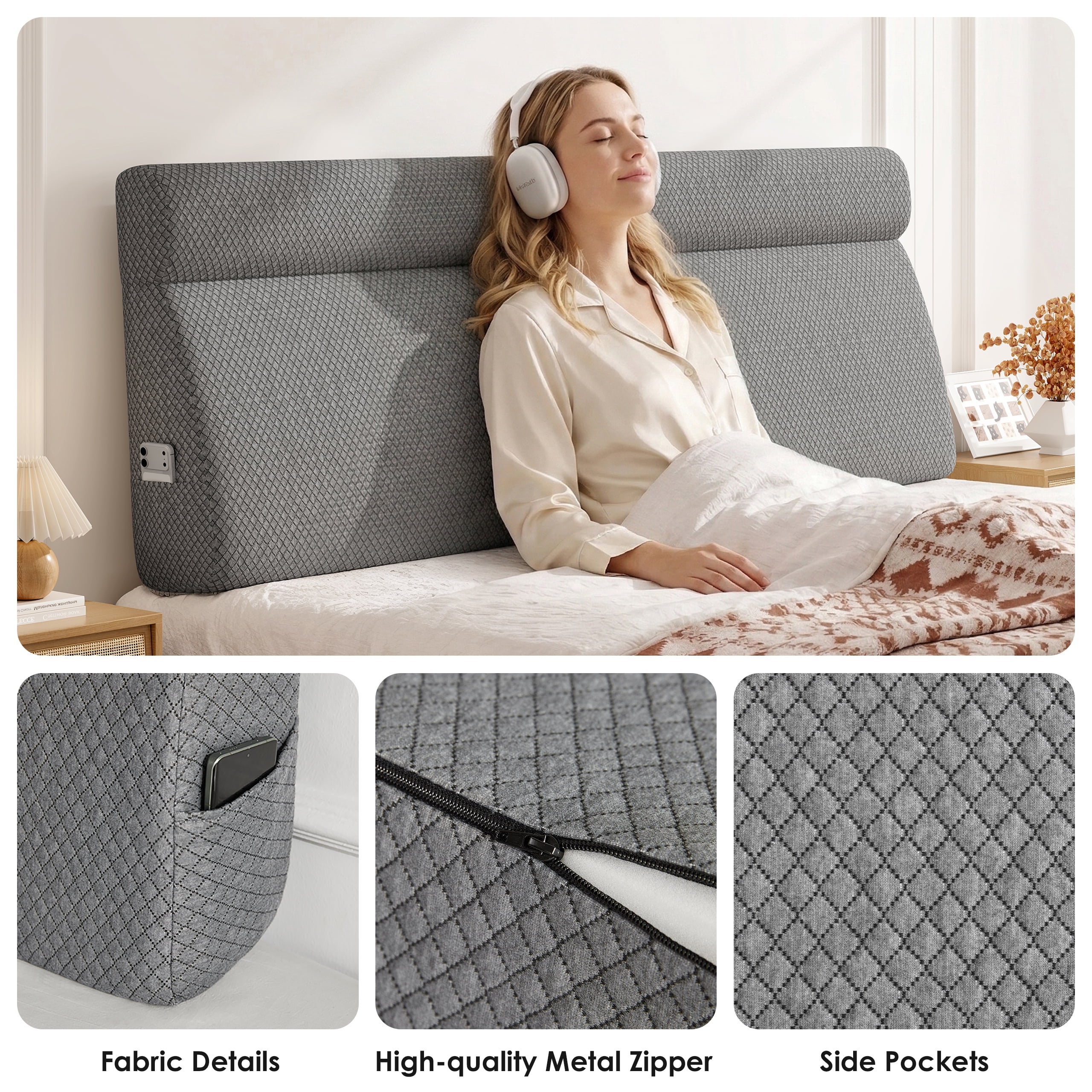 Someet Upholstered Foam Headboard King Bed, Wedge Pillow Headboards with Removable Cover, Ergonomic Head Board, Fabric Gray
