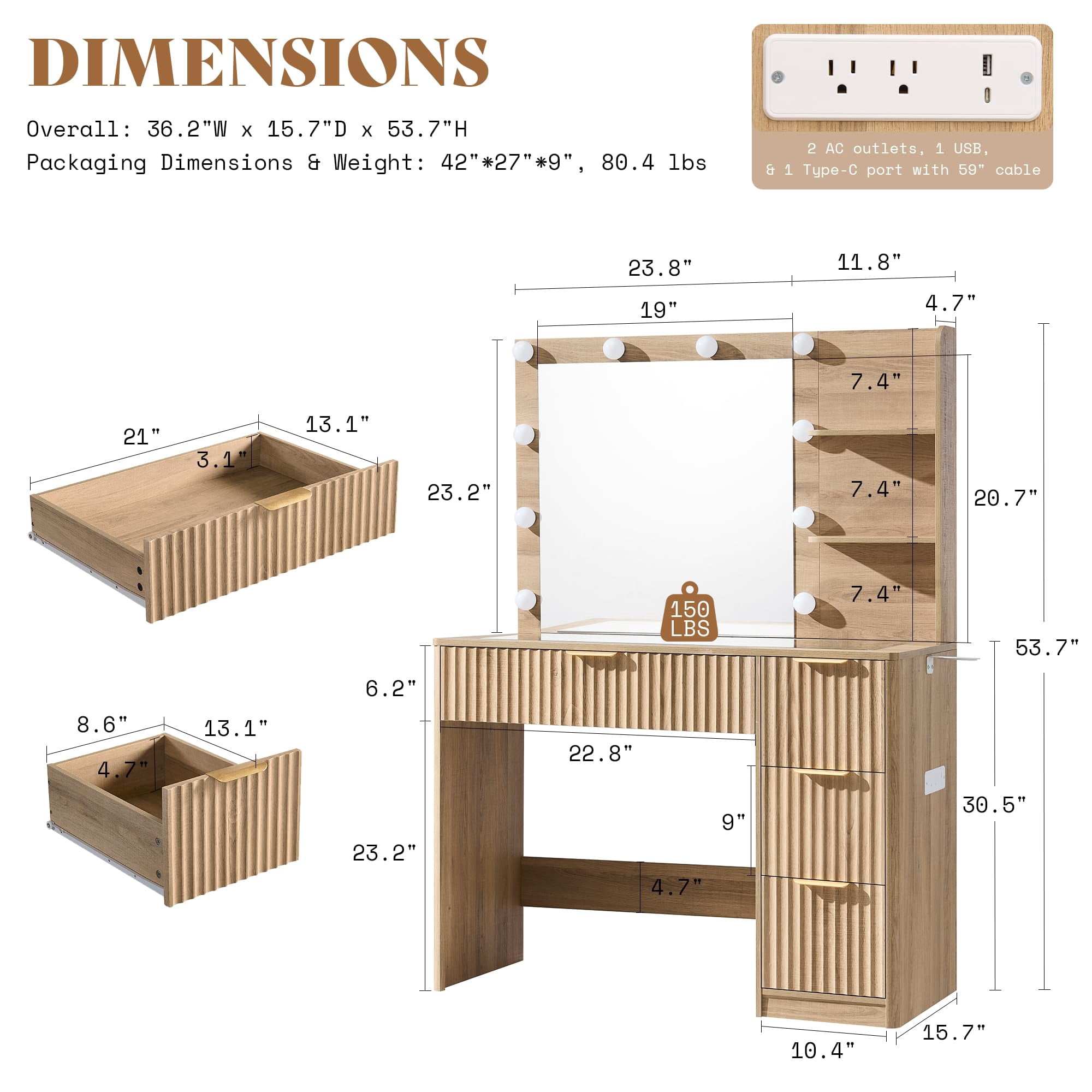 Merluxy 36.2" Girls Vanity Desk with Mirror and Adjustable LED Lights, 4 Drawers Makeup Table with Glass Top and Charging Station, Oak