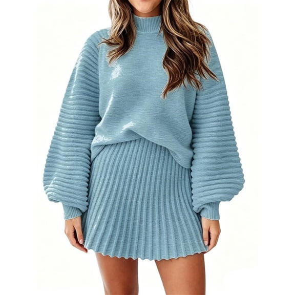 Long Sleeve Women Fall Winter 2 Pieces Skirt Sets Casual Sweater Pullover and Skirt