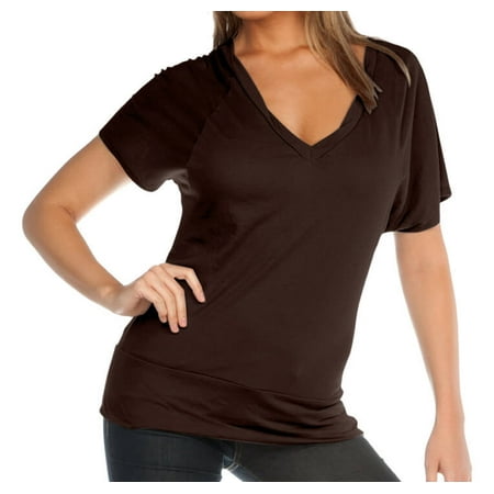 - Kavio! Women Sheer Jersey Twstd Band Hem Deep V Neck Dolman Short Sleeve Slcn Wsh. Coffee M