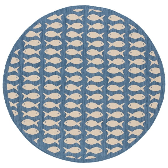 SAFAVIEH Courtyard Tranter Fishes Indoor/Outdoor Area Rug, Blue/Beige, 5'3" x 5'3" Round