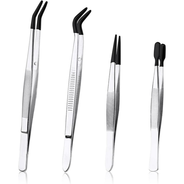 LAICAIW 4pcs Tweezers with Rubber Tips, Stainless Steel Industrial Tweezers Tools Includes Straight Tip Flat Tip Long Curved Tweezers Jewelry Tweezers Precision for Crafts Jewelry Making Lab (Black)