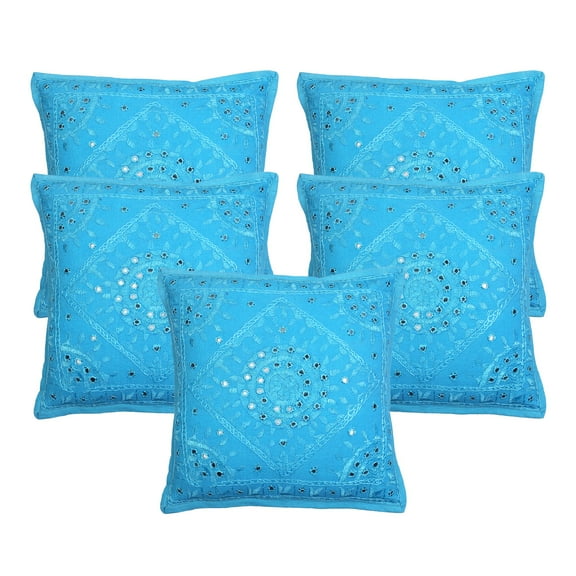 Stylo Culture Indian Sofa Throw Pillow Covers 16 x 16 Hand Embroidered Turquoise Bohemian 40cm x 40cm Home Decor Cotton Mirrored Square Cushion Covers | Set Of 5