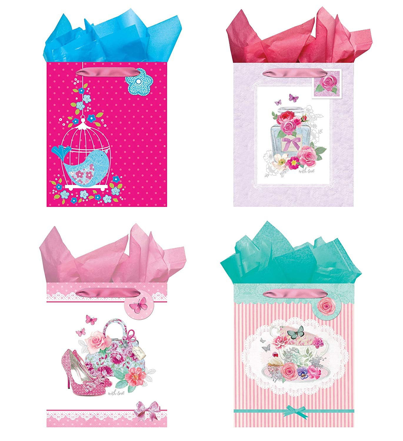 Set of 4 Large Birthday Gift Bags w/Tags & Tissue Paper All Occasion Party Gift Bags