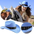 thumbnail image 2 of Fgnfyis Summer Straw Cowboy Hat Rolled Brim Sun Outdoor Western Style Fedora for Men and Women Blue 59.3cm, 2 of 6