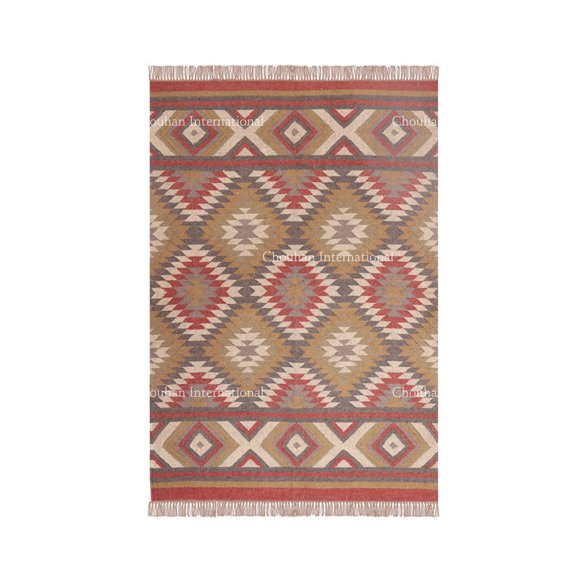 Chouhan Rugs Kilim Rug Wool Jute Rug, Bohemian Rugs, Jute Rug Wool Rug,Kilim Dhurri Wool and Jute Rug Handmade, Kilim Dhurrie Rug, Traditional Indian Wool Jute Rugs ( 3x5 Ft ) (KILM- 3)